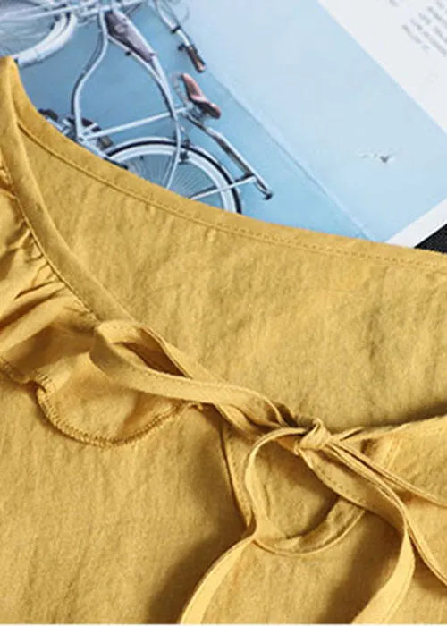 Yellow Ruffled Patchwork Linen Shirt Half Sleeve