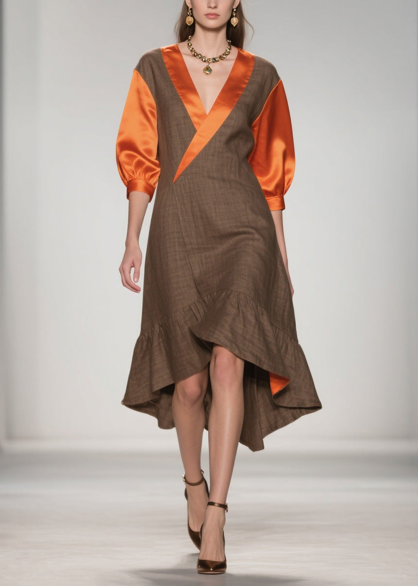 V Neck Ruffled Silk Patchwork Cotton Dresses Summer