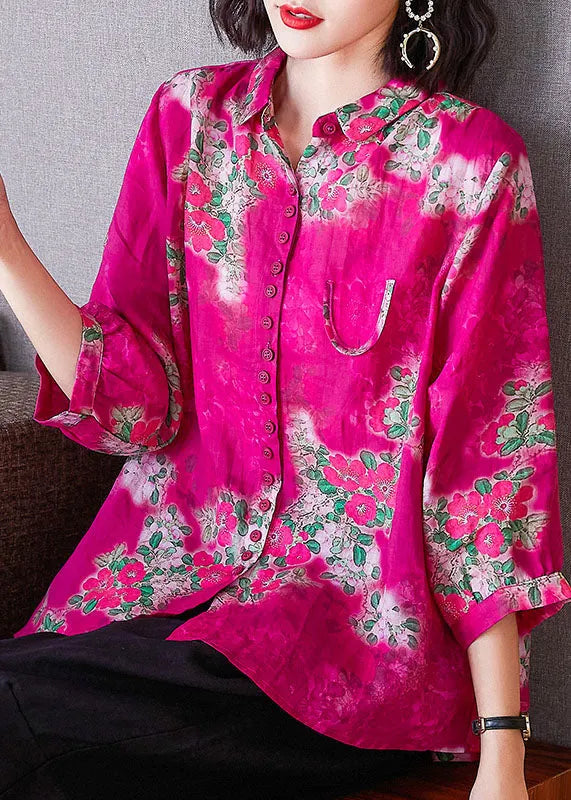 Modern Rose Peter Pan Collar Print Button Linen Shirt Tops Bracelet Sleeve