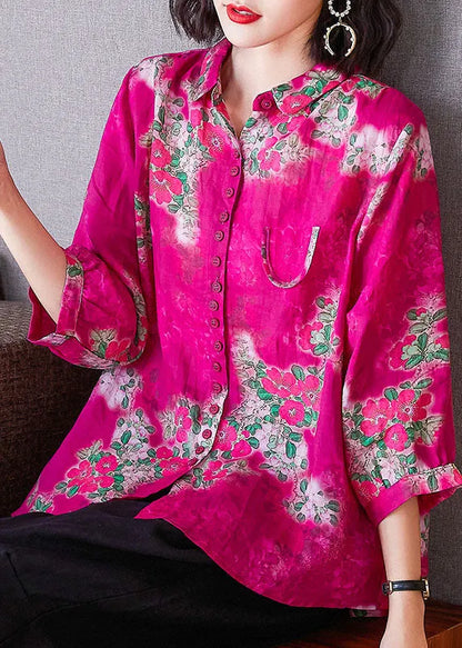 Modern Rose Peter Pan Collar Print Button Linen Shirt Tops Bracelet Sleeve