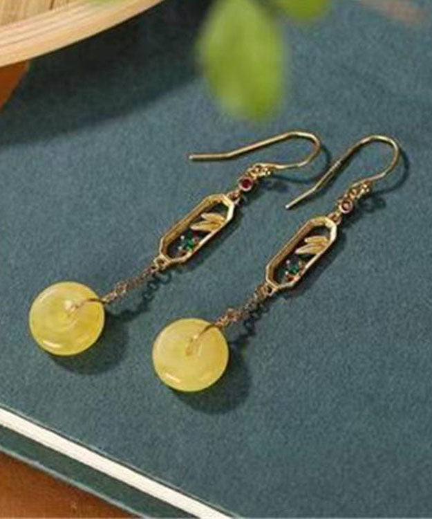 Yellow Sterling Silver Beeswax Amber Ping Buckle Drop Earrings