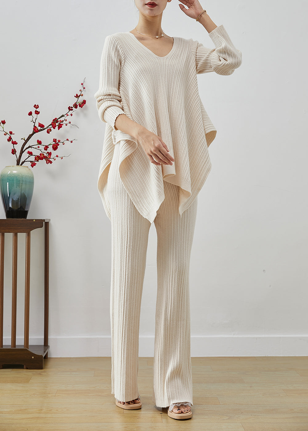 Fitted White Oversized Backless Knit Two Pieces Set Fall