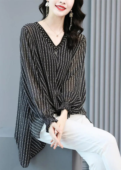 Black V Neck Striped Side Open Low High Design Chiffon Shirts Long Sleeve