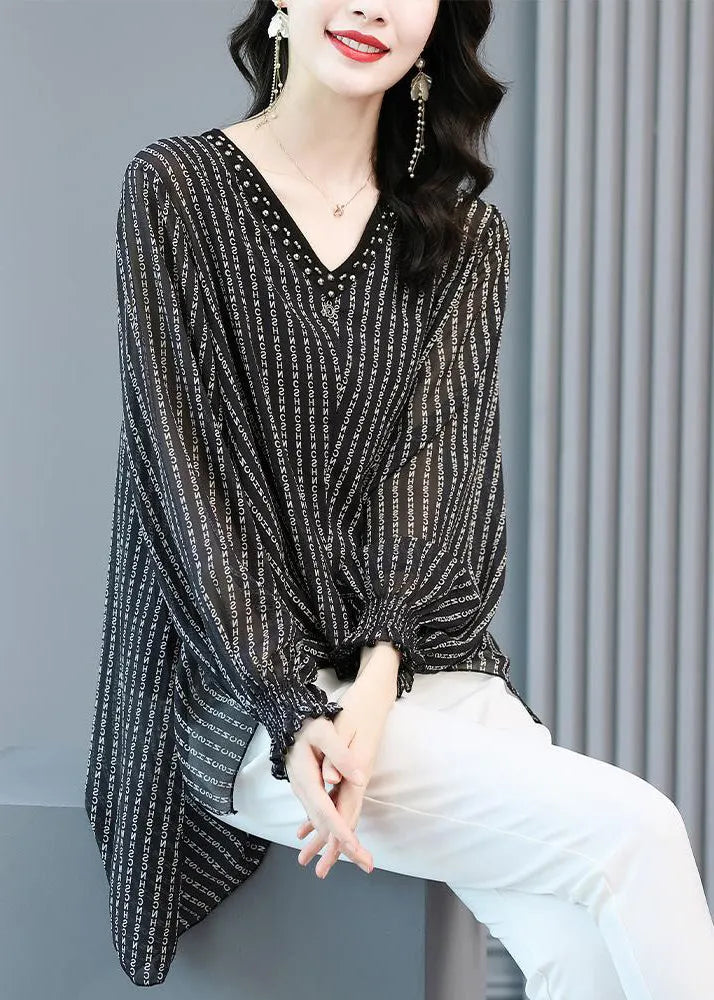 Black V Neck Striped Side Open Low High Design Chiffon Shirts Long Sleeve
