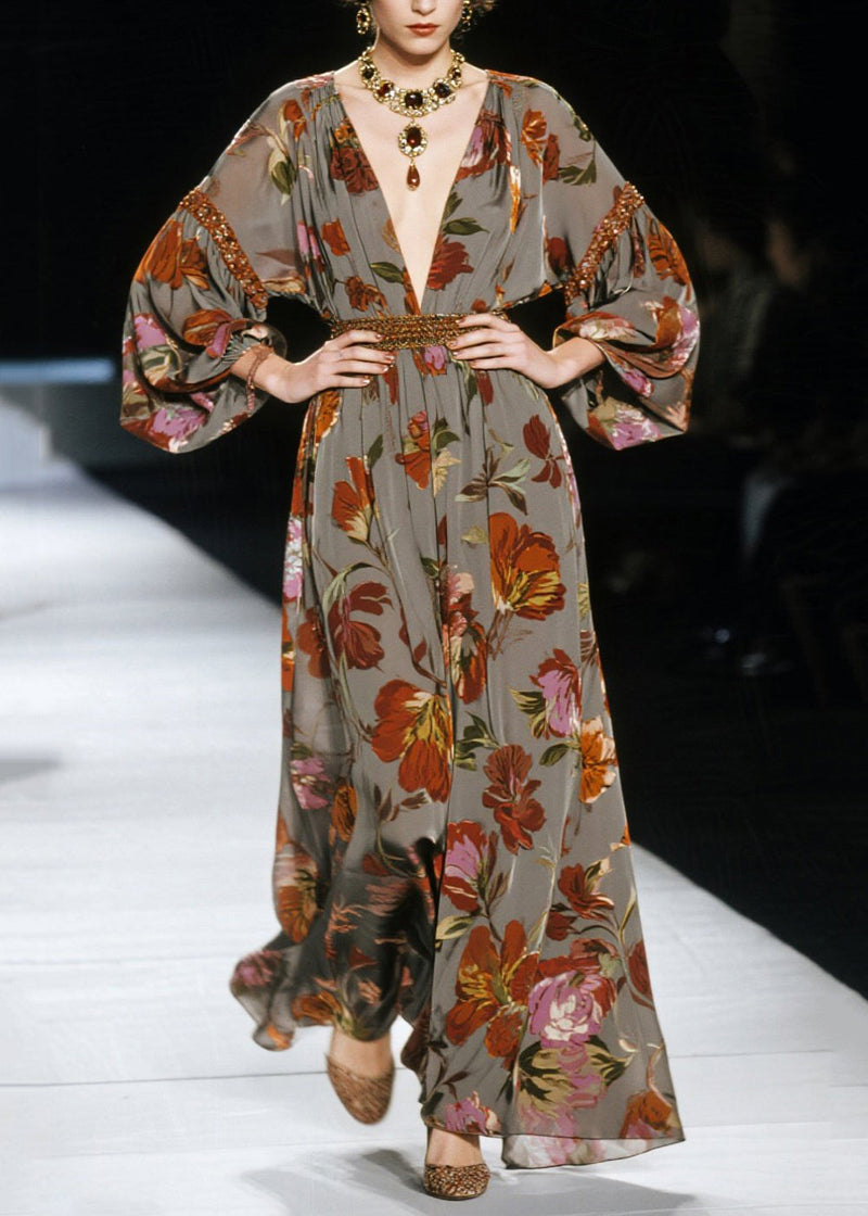 New V Neck Print Cotton Long Dress Fall