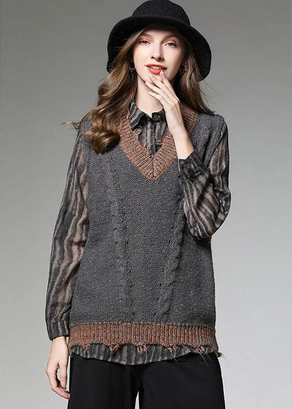 Italian Grey Patchwork V Neck Knit Fall Vest