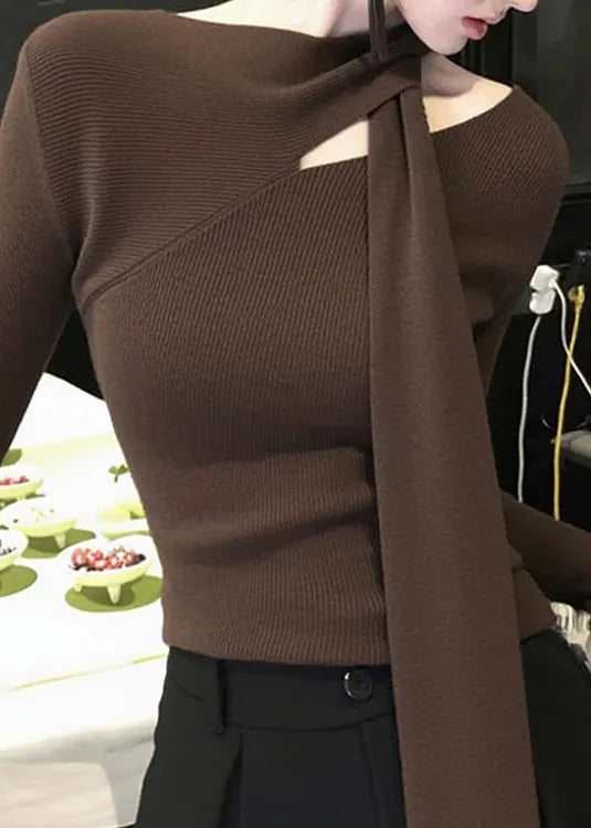 Original Coffee Bow Hollow Out Knit Sweater Fall
