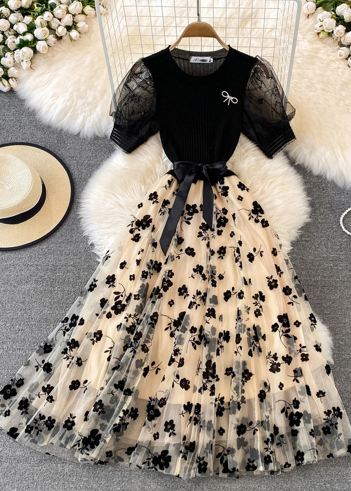 Apricot O-neck Embroideried Bow Tie Waist Knit Patchwork Tulle Maxi Dress Short Sleeve