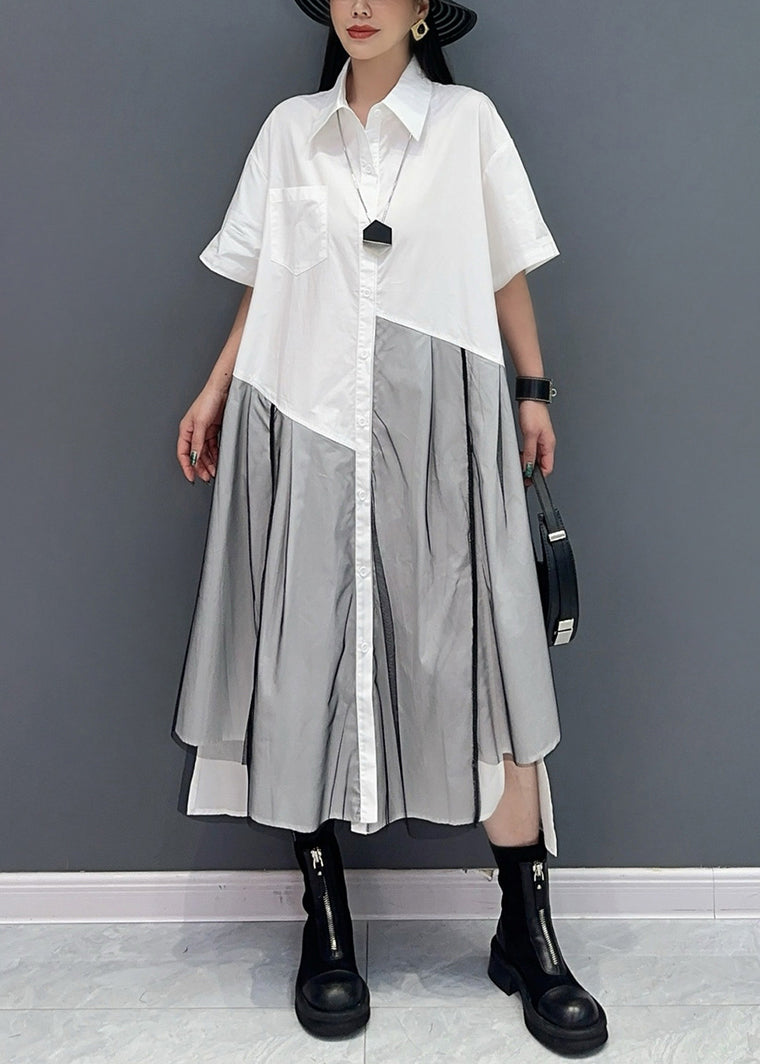 Summer Peter Pan Collar Wrinkled Patchwork Shirts Dress