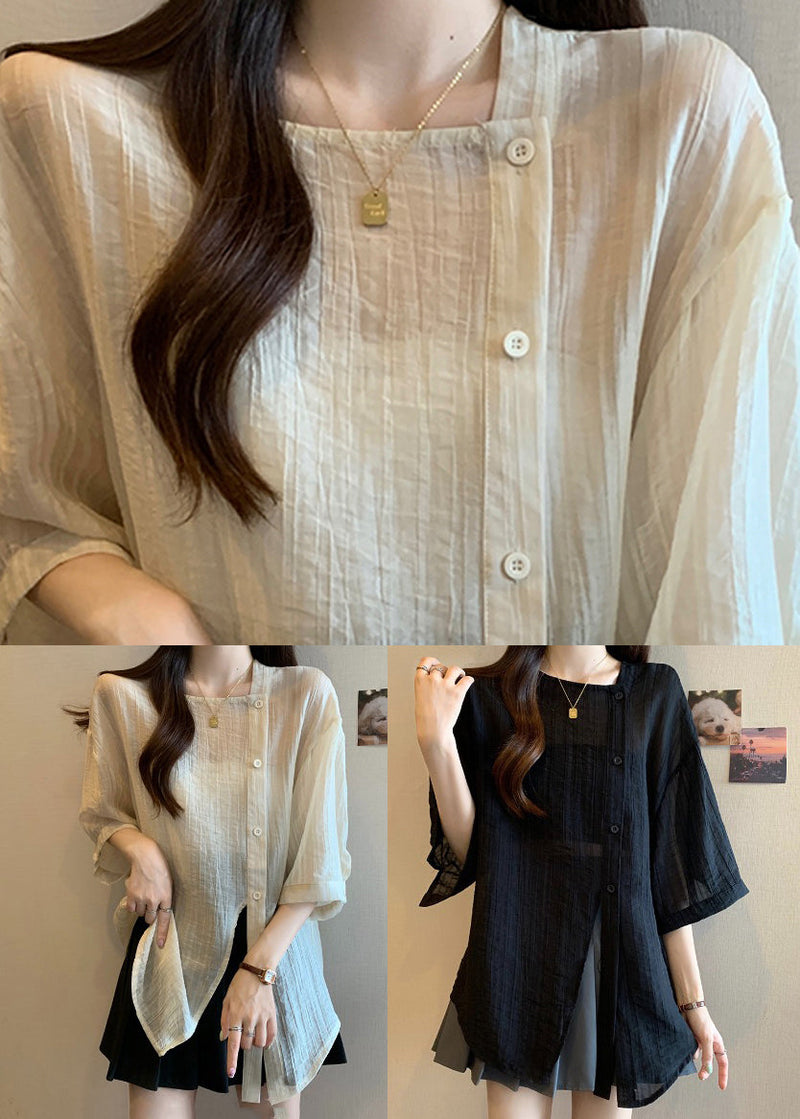 Black Patchwork Chiffon Shirts Asymmetrical Spring