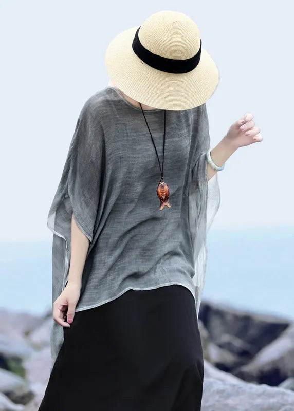 Grey Loose Linen Upf 50+ Tops Low High Design Short Sleeve