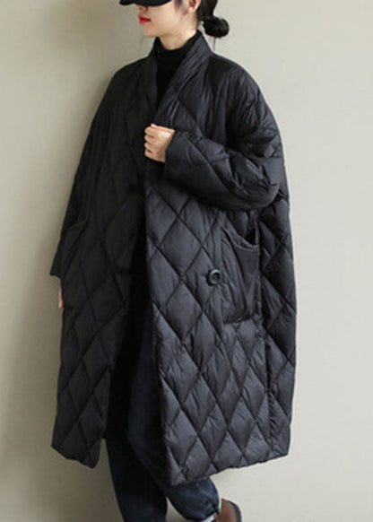 Street Black Stand Collar Button Pockets Winter Down Coat Long Sleeve