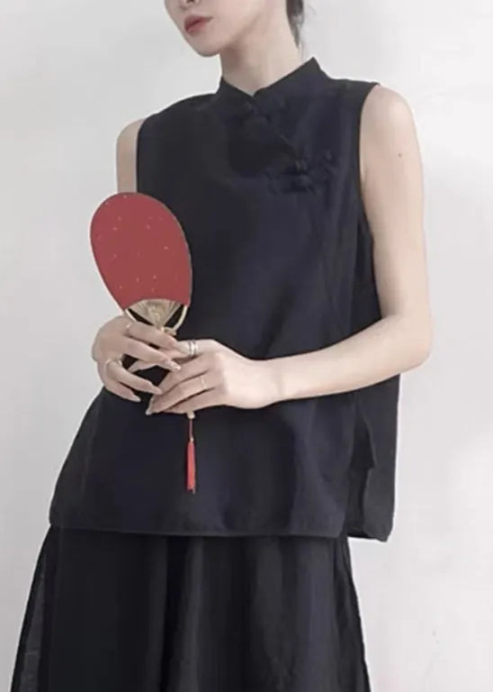 Black Stand Collar Button Cotton Vest Sleeveless