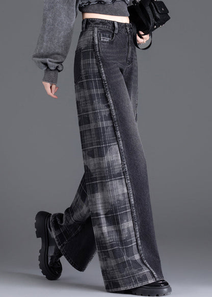 New Black Pockets Plaid Patchwork Warm Fleece Denim Pants Spring