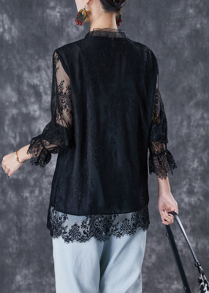 Black V Neck Patchwork Lace Shirt Fall