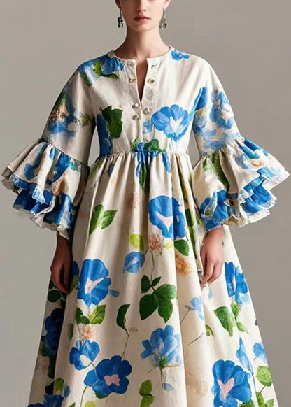 Beige Print Cotton a Line Dress Flare Sleeve Spring
