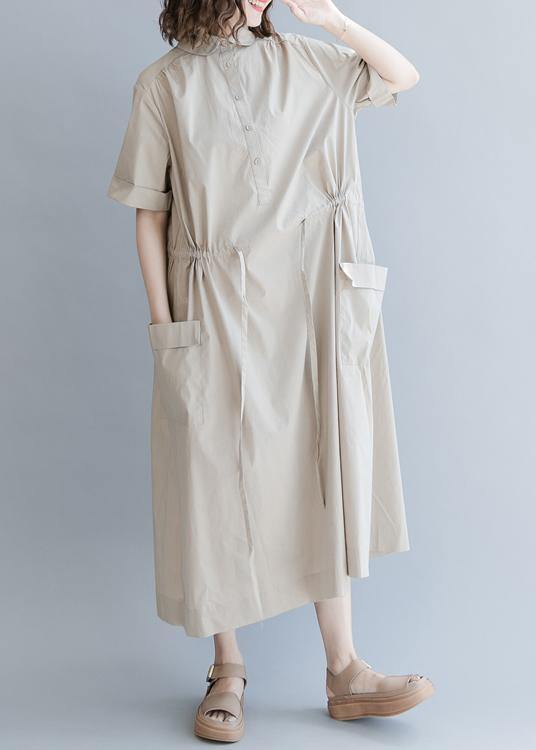 Drawstring Cotton Summer Clothes for Runway Khaki Long Dresses