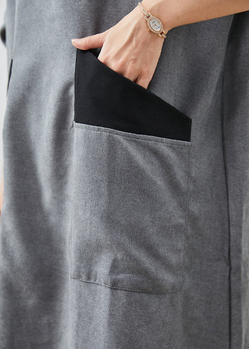 Grey Turtle Neck Patchwork Cotton Long Dress Fall