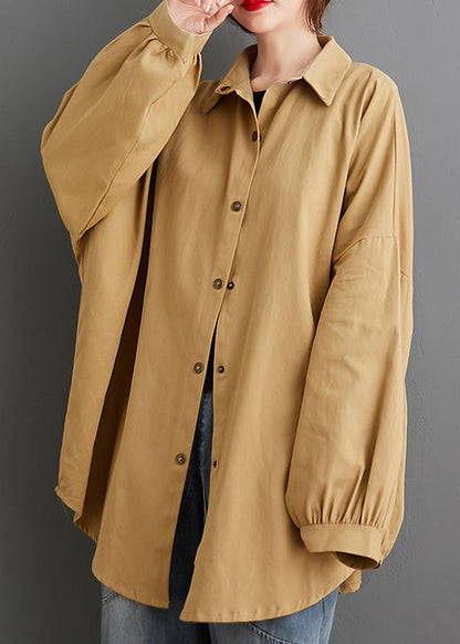 Khaki Peter Pan Collar Wrinkled Patchwork Cotton Blouses Fall