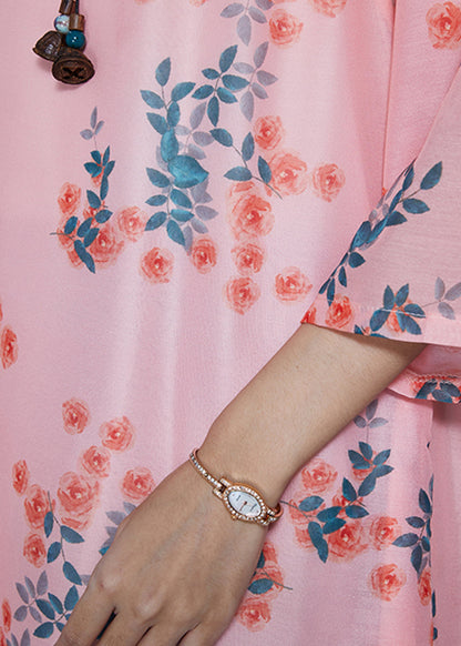 Pink Print Oriental Linen Holiday Dress Summer