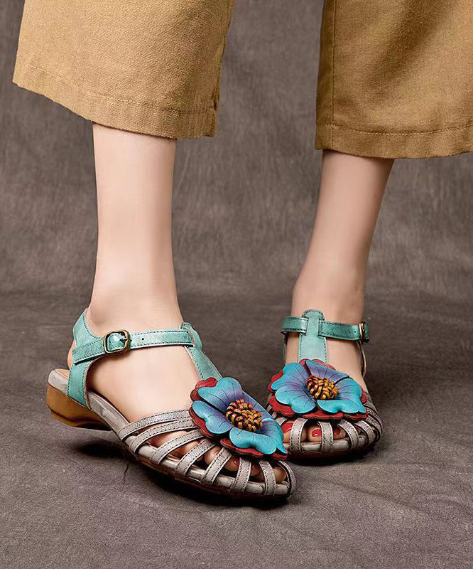 Comfy Splicing Wedge Sandals Grey Cowhide Leather Hollow Out