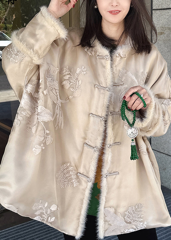 Beige Embroidered Mink Hair Patchwork Fine Cotton Filled Coat Winter