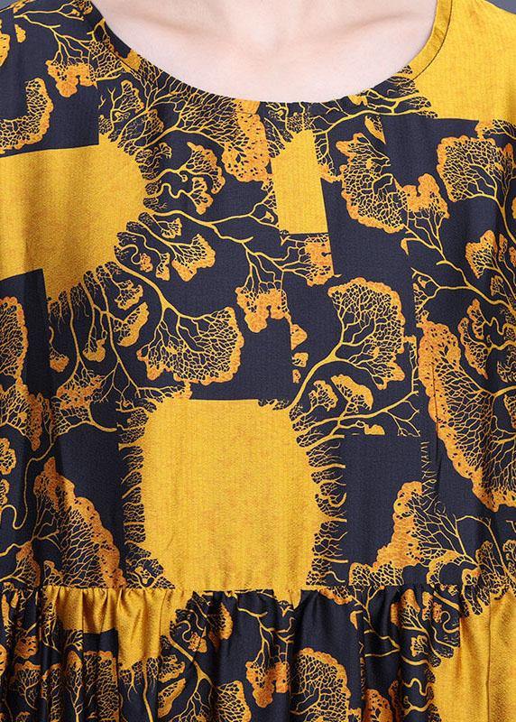 Loose Yellow Print Silk Loose Ankle Dress Summer