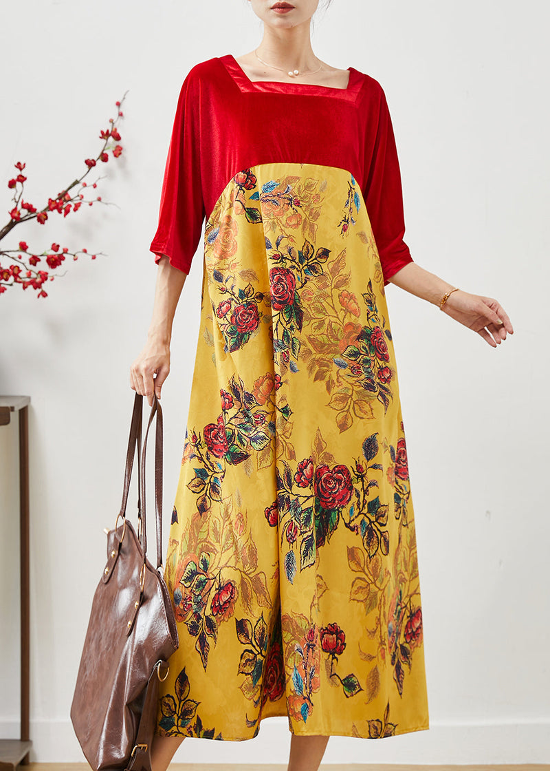 Stylish Colorblock Square Collar Patchwork Silk Velour Dress Summer
