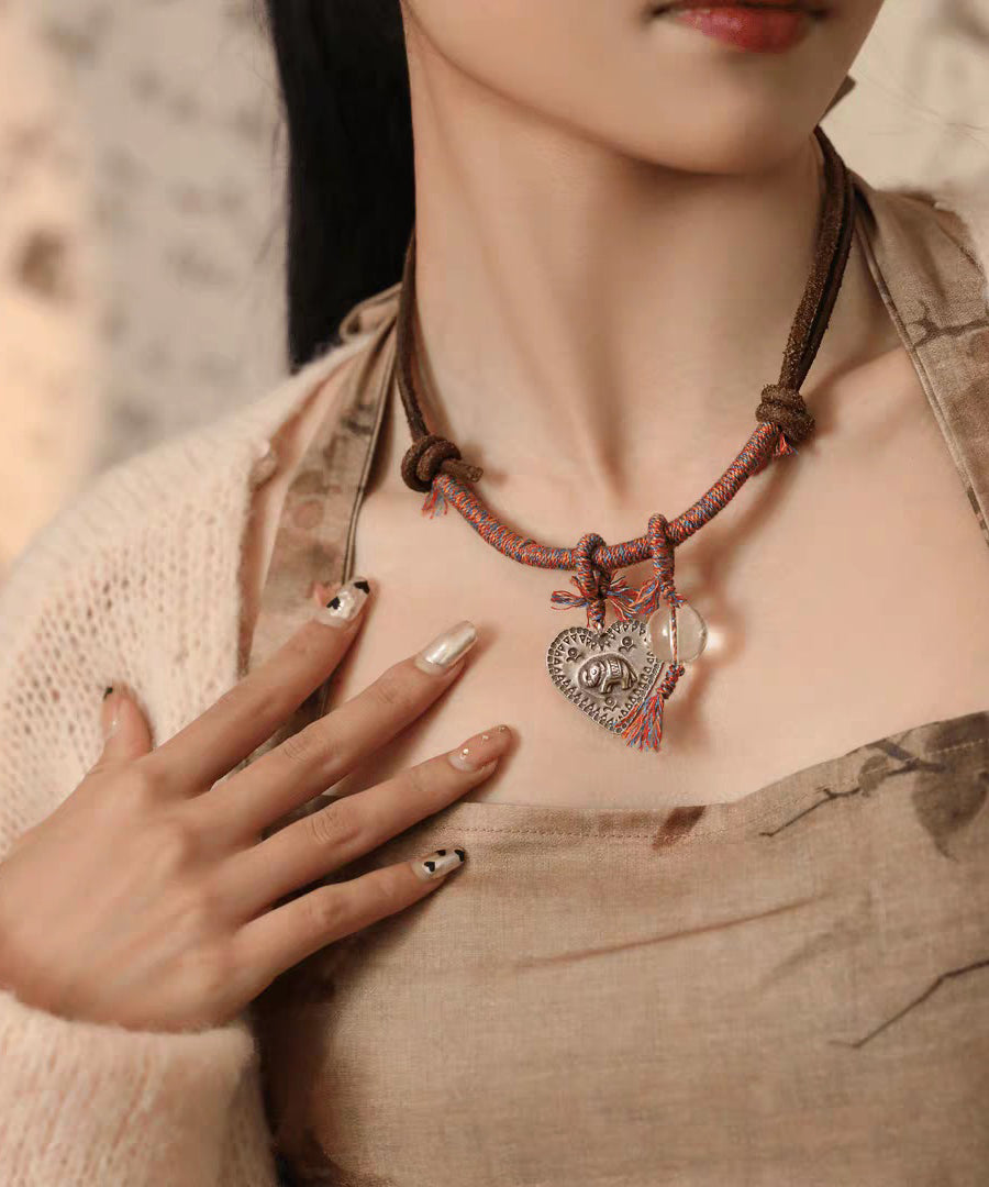 Retro Red 925 Silver Weave Elephant Love Pendant Necklace