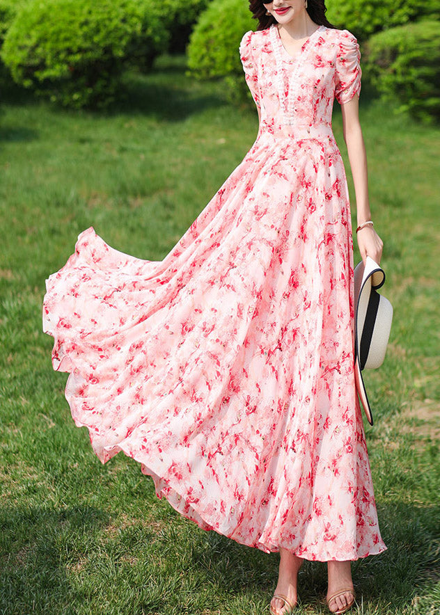 Pink V Neck Print Wrinkled Chiffon Long Dresses Summer