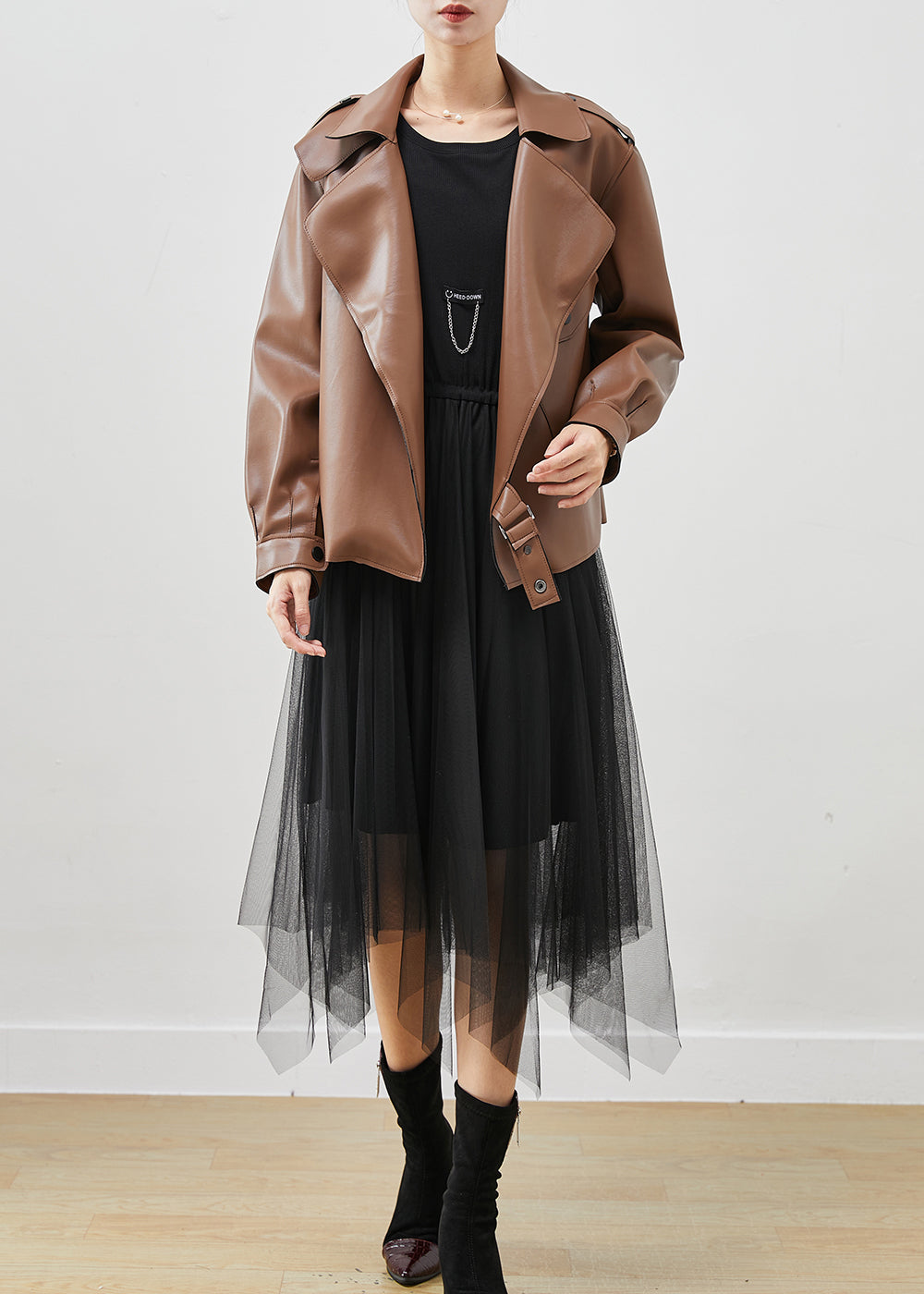Khaki Faux Leather Coats and Tull Dress Two Piece Suit Set Oversized Spring