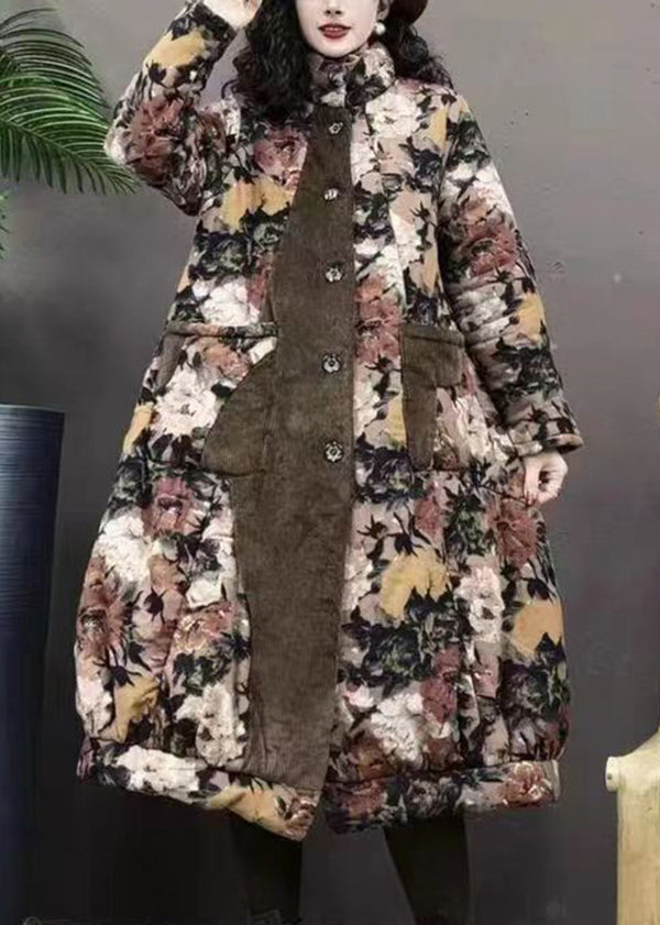 Purple Stand Collar Pockets Print Patchwork Warm Fleece Coat Winter