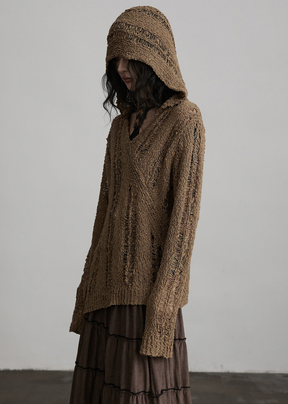 Brown Hooded Hollow Out Knit Loose Pullover Spring