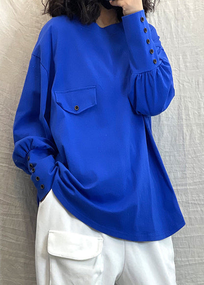 Blue O-neck Button Cotton Loose Sweatshirt Long Sleeve