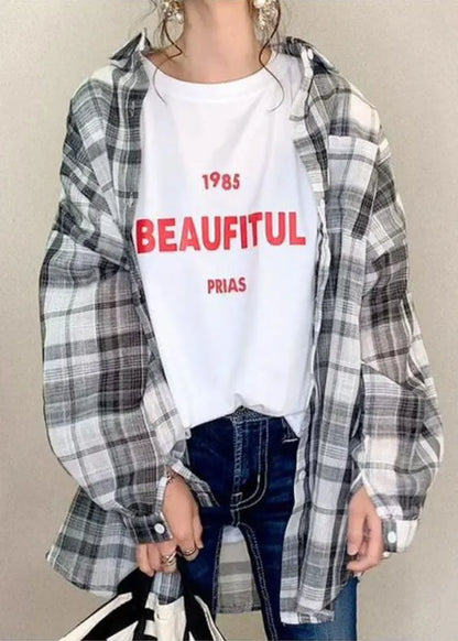 White O Neck Letter Print Cotton T Shirt Summer