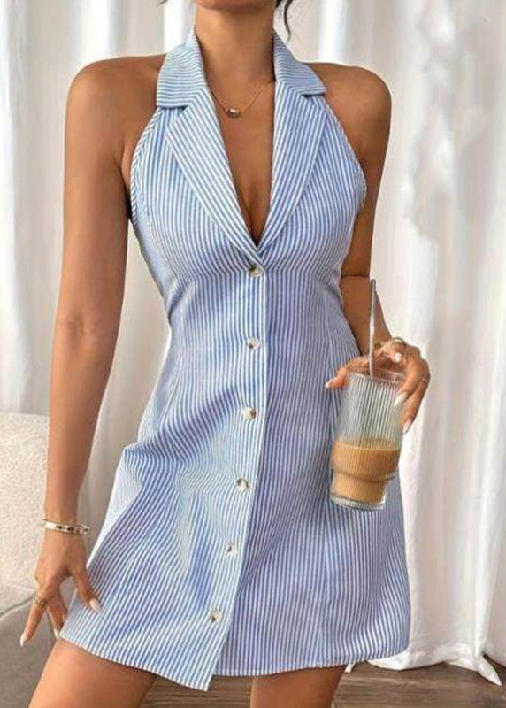 French Blue Notched Striped Button Mid Dresses Sleeveless Summer
