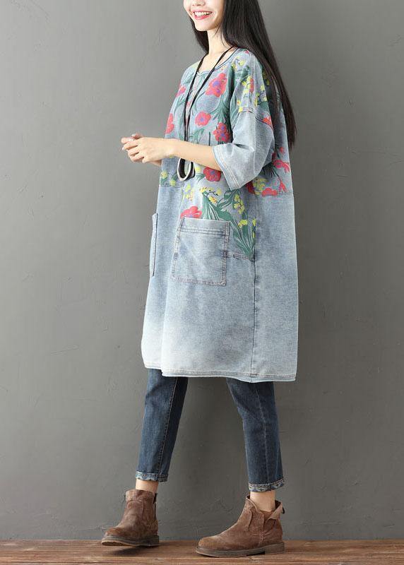 Unique Blue O-neck Pockets Print Fall Denim Dresses Half Sleeve