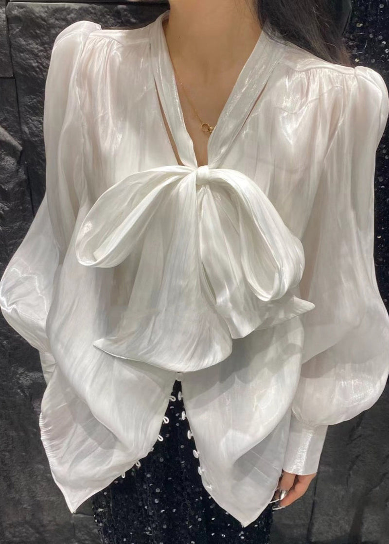 New White Lace Up Button Silk Blouses Spring