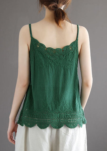 Green Cotton Spaghetti Strap Tops Hollow Out Summer