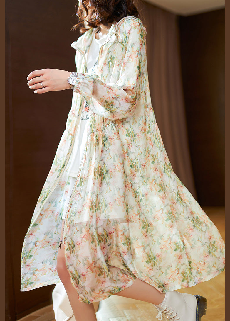 Natural Light Green Print Chiffon Hooded Upf 50+ Coat Summer