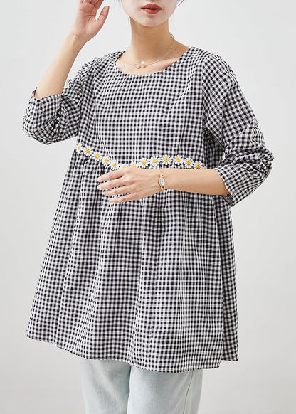 Grey Plaid Cotton Blouse a Line Tops Daisy Fall