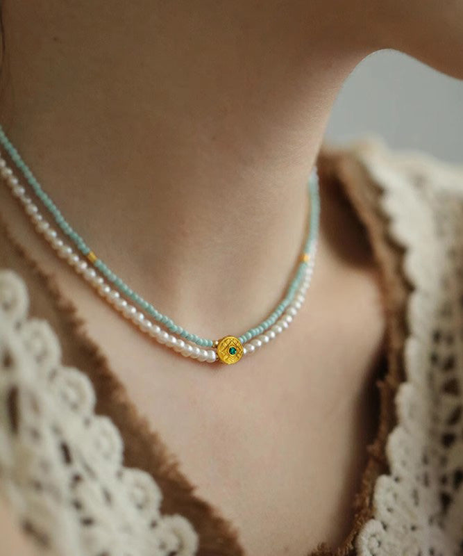 Colorblock Alloy Turquoise Pearl Double Layer Beading Gratuated Bead Necklace