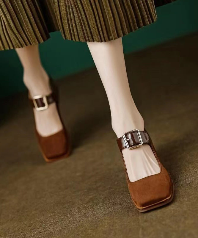 Apricot Suede Square Head Buckle High Chunky Heels
