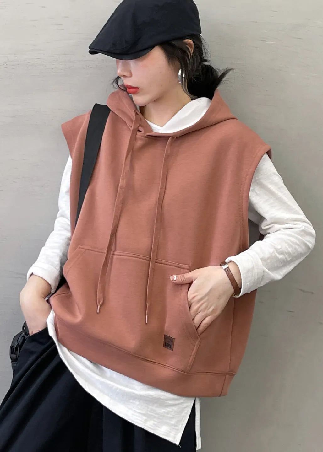 Boutique Dark Pink Hooded Cotton Sweatshirts Vest Sleeveless