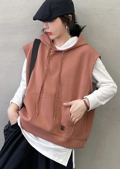 Boutique Dark Pink Hooded Cotton Sweatshirts Vest Sleeveless