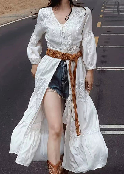 New White V Neck Button Lace Cotton Blouses Dresses Fall