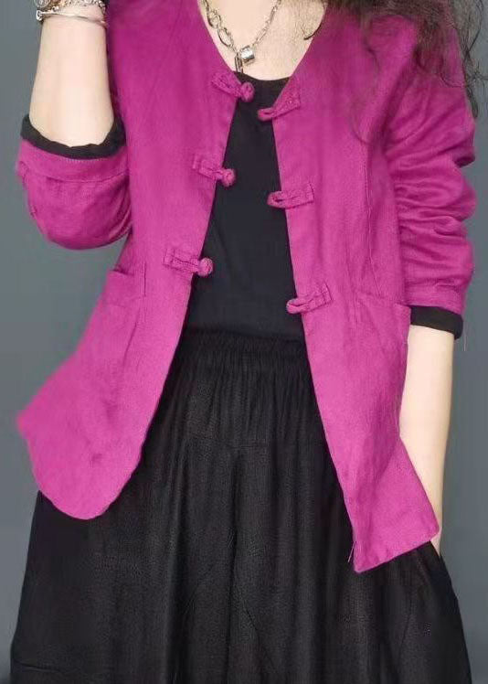 Chocolate Button Pockets V Neck Linen Coat Long Sleeve