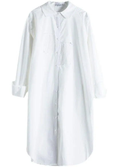 Style White Peterpan Collar Pockets Button Fall Asymmetrical Design Shirt Tops Long Sleeve