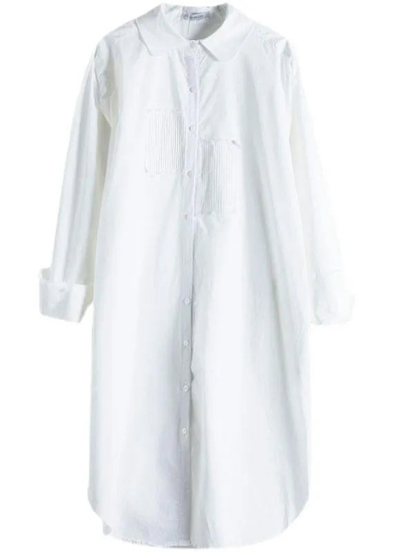 Style White Peterpan Collar Pockets Button Fall Asymmetrical Design Shirt Tops Long Sleeve