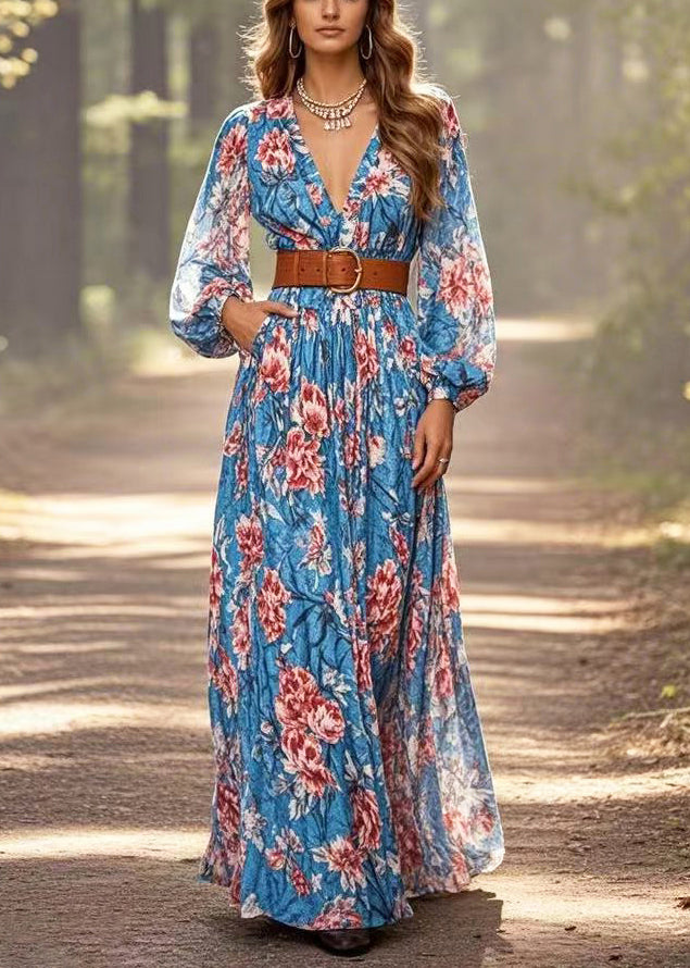 Art Blue Cinched Cotton Ankle Dress Spring